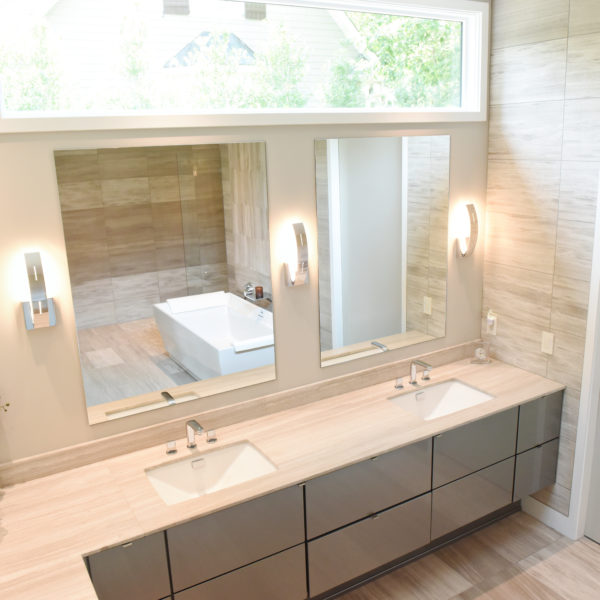 sleek modern grey bath vanity in contemporary bathroom renovation in Atlanta