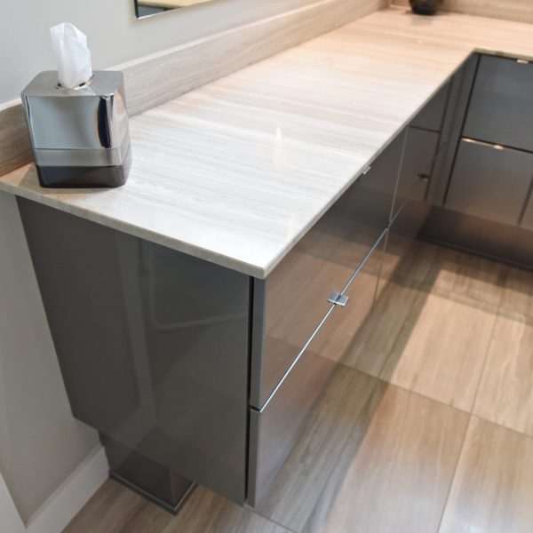 sleek modern grey bath vanity in contemporary bathroom renovation in Atlanta