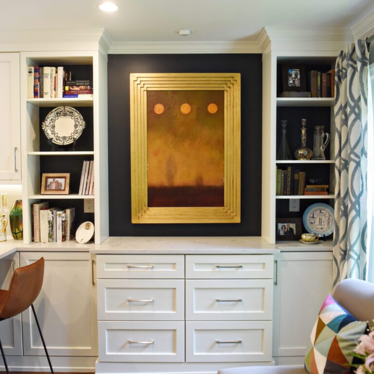 Atlanta area kitchen transformation with white cabinets luxury appliances breakfast nook and custom storage tower and pantry cabinets