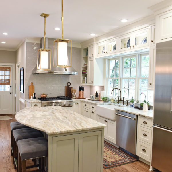 transitional Atlanta kitchen with white cabinets grey island luxury stainless steel appliances farmhouse sink