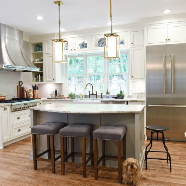 transitional Atlanta kitchen with white cabinets grey island luxury stainless steel appliances farmhouse sink
