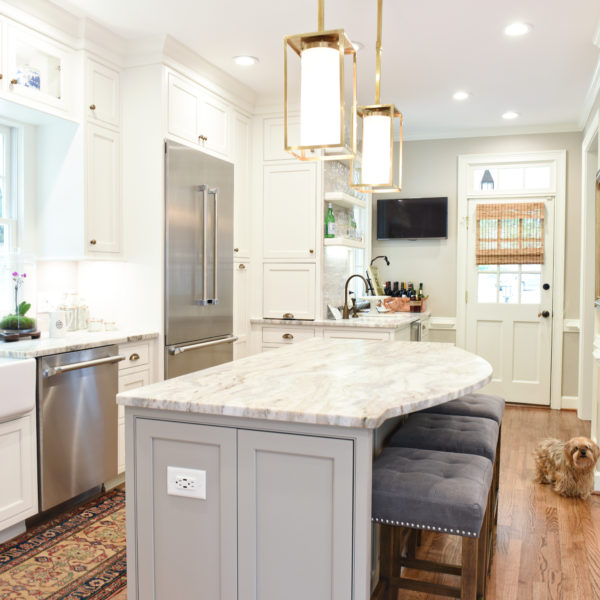 transitional Atlanta kitchen with white cabinets grey island luxury stainless steel appliances farmhouse sink