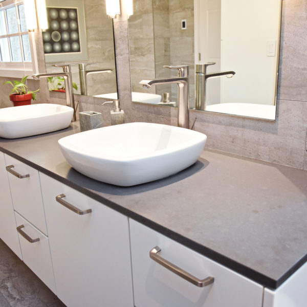 modern Atlanta bathroom with walk in shower soaking tub two vessel sinks on a large vanity