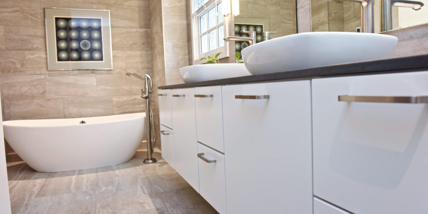 modern Atlanta bathroom with walk in shower soaking tub two vessel sinks on a large vanity