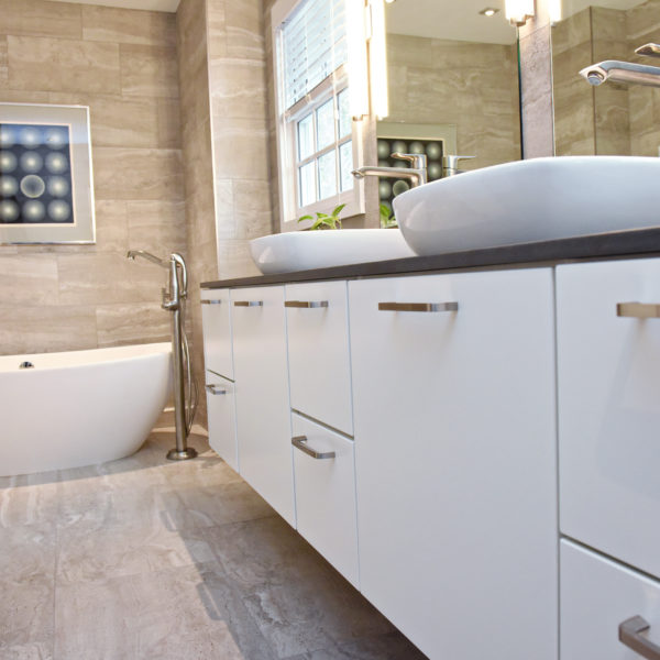 modern Atlanta bathroom with walk in shower soaking tub two vessel sinks on a large vanity