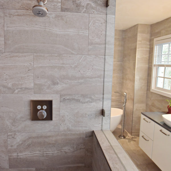 modern Atlanta bathroom with walk in shower soaking tub two vessel sinks on a large vanity