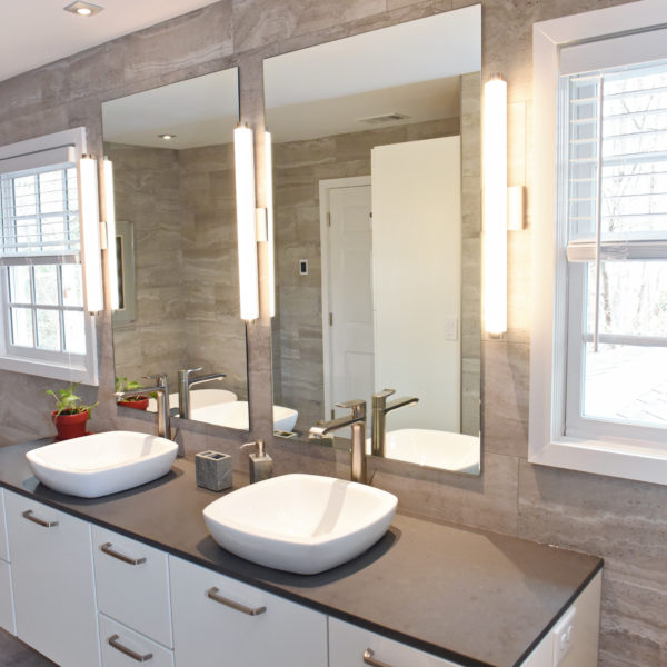 modern Atlanta bathroom with walk in shower soaking tub two vessel sinks on a large vanity