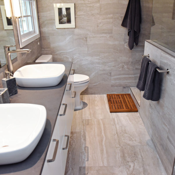 modern Atlanta bathroom with walk in shower soaking tub two vessel sinks on a large vanity