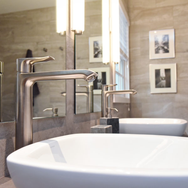 modern Atlanta bathroom with walk in shower soaking tub two vessel sinks on a large vanity