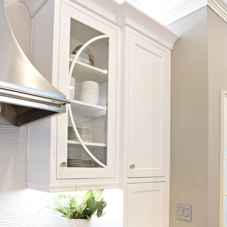 close up of white cabinet with arched detail in Johns Creek GA kitchen renovation