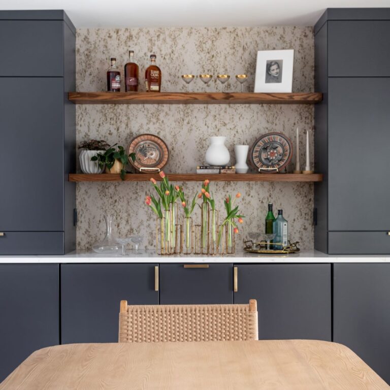 Custom built in cabinets are great in the dining room because they offer lots of concealed storage and can be accented with custom floating shelves to display special decor