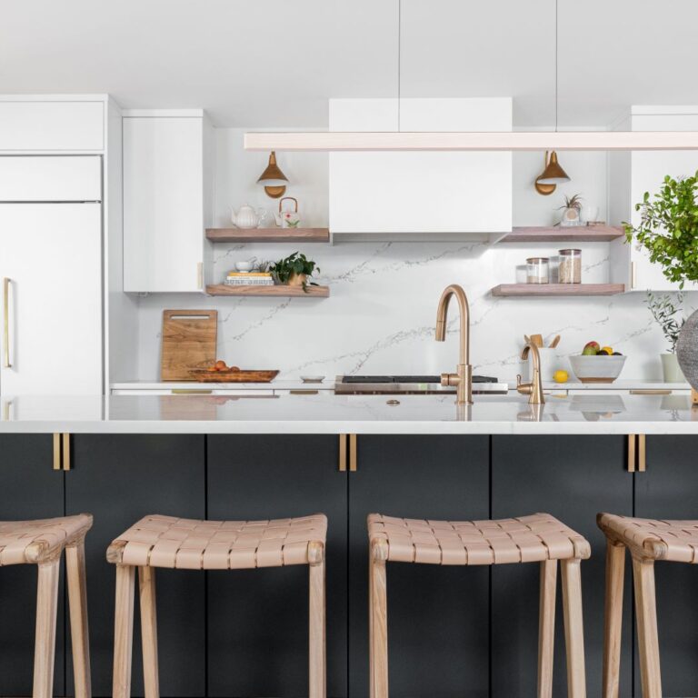close up showing floating kitchen shelves and kitchen stools in contemporary Atlanta kitchen renovation