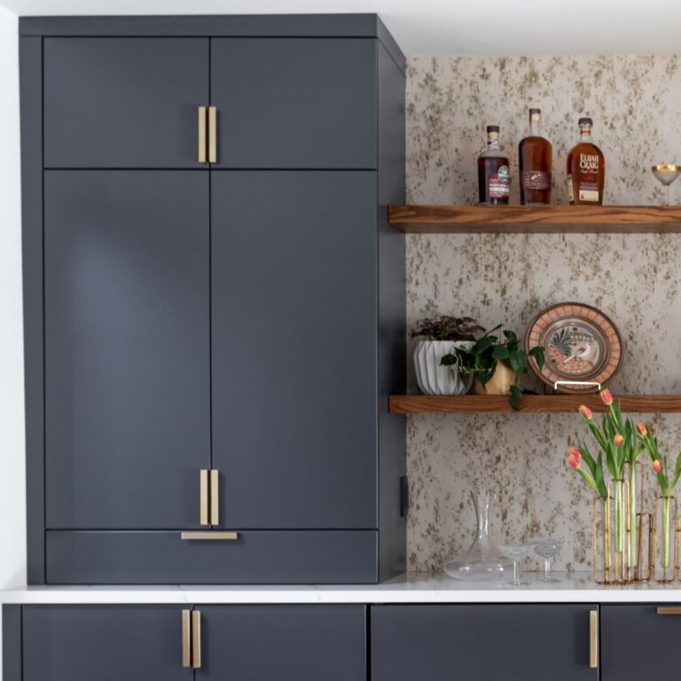 Custom built in cabinets are great in the dining room because they offer lots of concealed storage and can be accented with custom floating shelves to display special decor