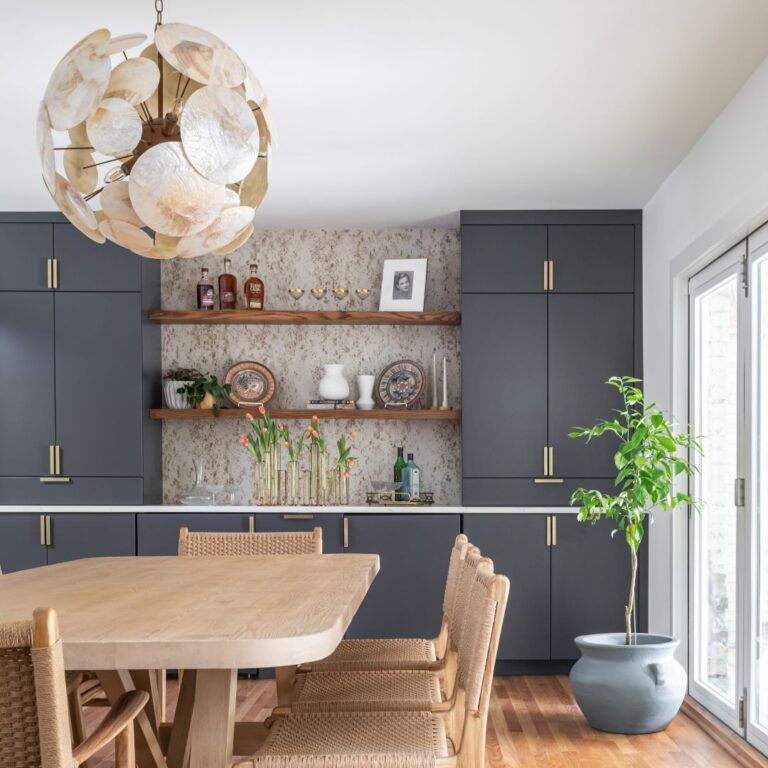 Custom built in cabinets are great in the dining room because they offer lots of concealed storage and can be accented with custom floating shelves to display special decor