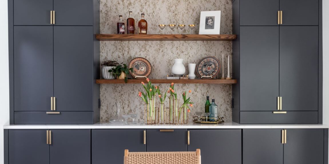 Custom built in cabinets are great in the dining room because they offer lots of concealed storage and can be accented with custom floating shelves to display special decor