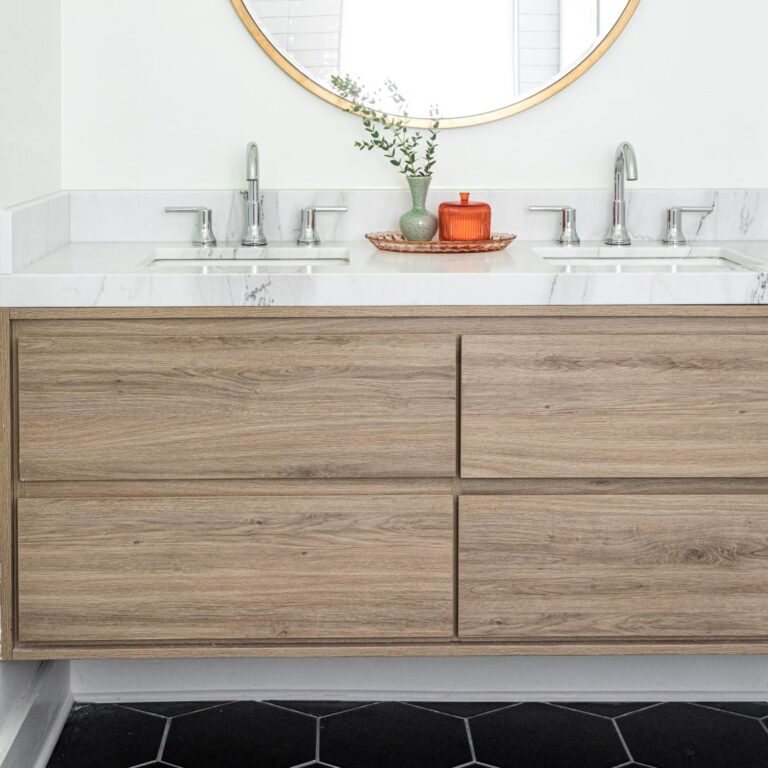 picture of double floating vanity with two faucets and two basins