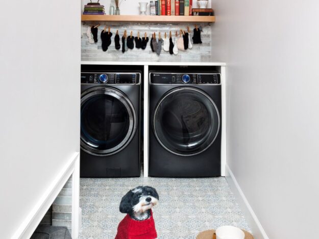 picture showing a built-in dog bed in an updated laundry room with Schuon Custom Cabinetry in an upscale home in Marietta GA in Atlanta Country Club