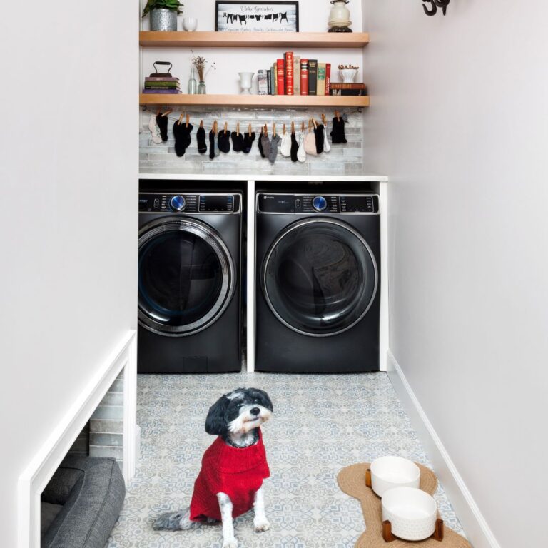 picture showing a built-in dog bed in an updated laundry room with Schuon Custom Cabinetry in an upscale home in Marietta GA in Atlanta Country Club