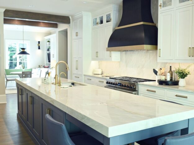 view of large blue island with seating in beautiful Atlanta kitchen renovation