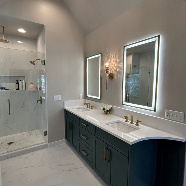 this Smyrna, GA bath remodel features a soaking tub, walk-in shower, and custom vanity using Schuon Custom Cabinets in the color Eucalyptus