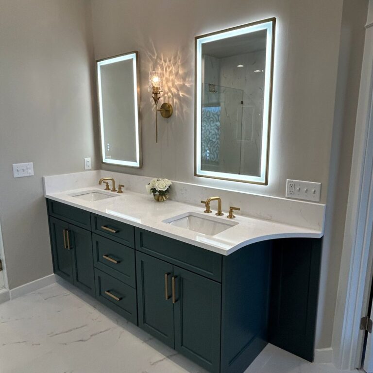 custom Schuon Custom Cabinetry vanity in the color Eucalyptus in a Smyrna, GA renovation