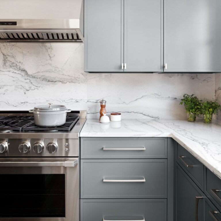 this contemporary kitchen renovation in buckhead GA features grey cabinets luxury appliances